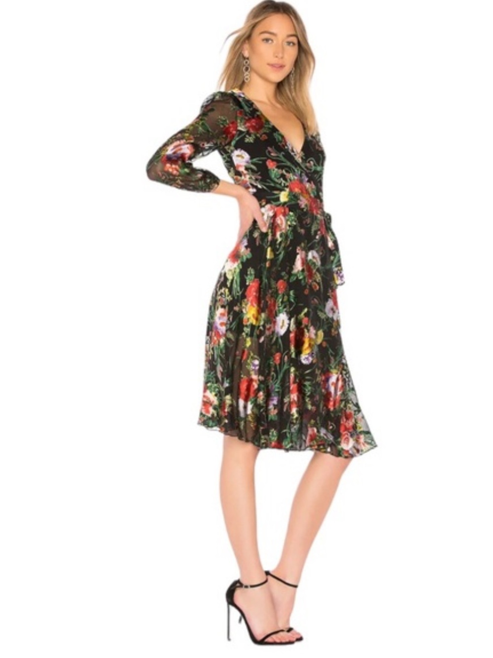 Alice + Olivia Abney Floral Wrap Midi Dress Small Black Red Flowers V Neck